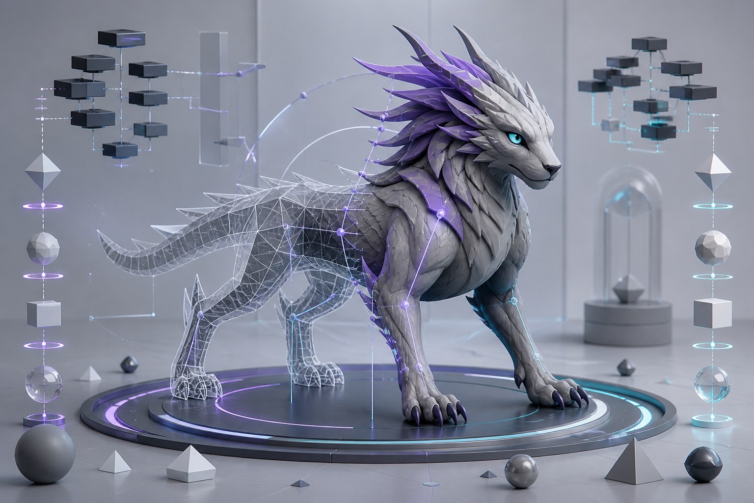 A procedural fantasy creature transitioning from a wireframe mesh into a finished rigged 3D model