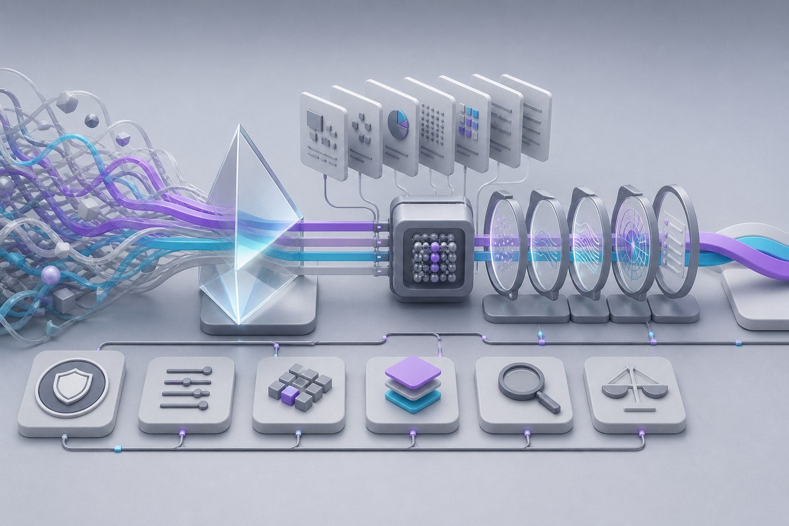 Abstract thought ribbons passing through a careful research pipeline with data, model, evaluation, and governance stages