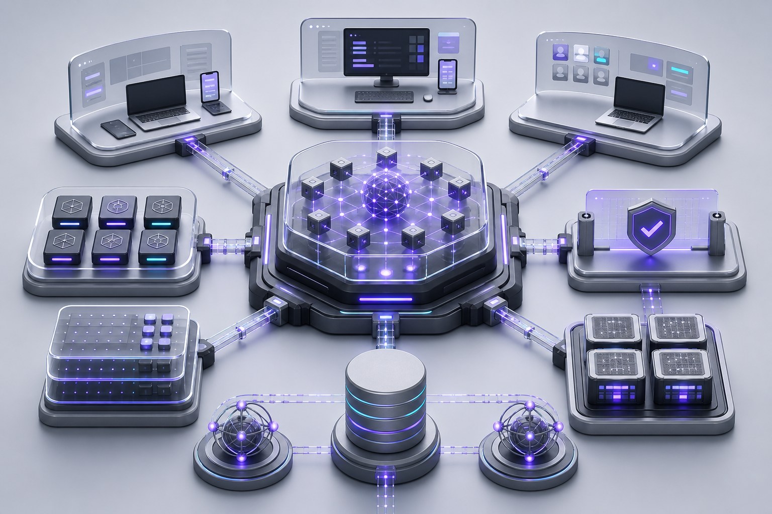 A secure enterprise orchestration hub connected to user surfaces, modular capabilities, approvals, data, and redundant model nodes