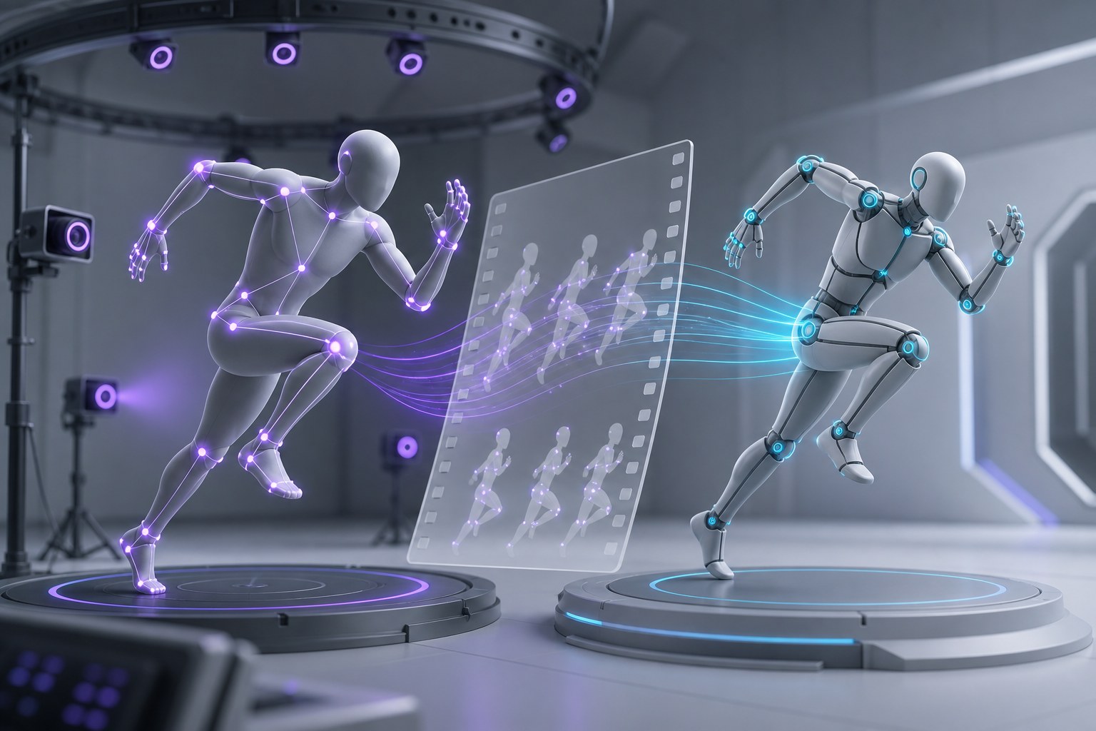 Motion landmarks transferring an athletic pose between two neutral rigged 3D mannequins