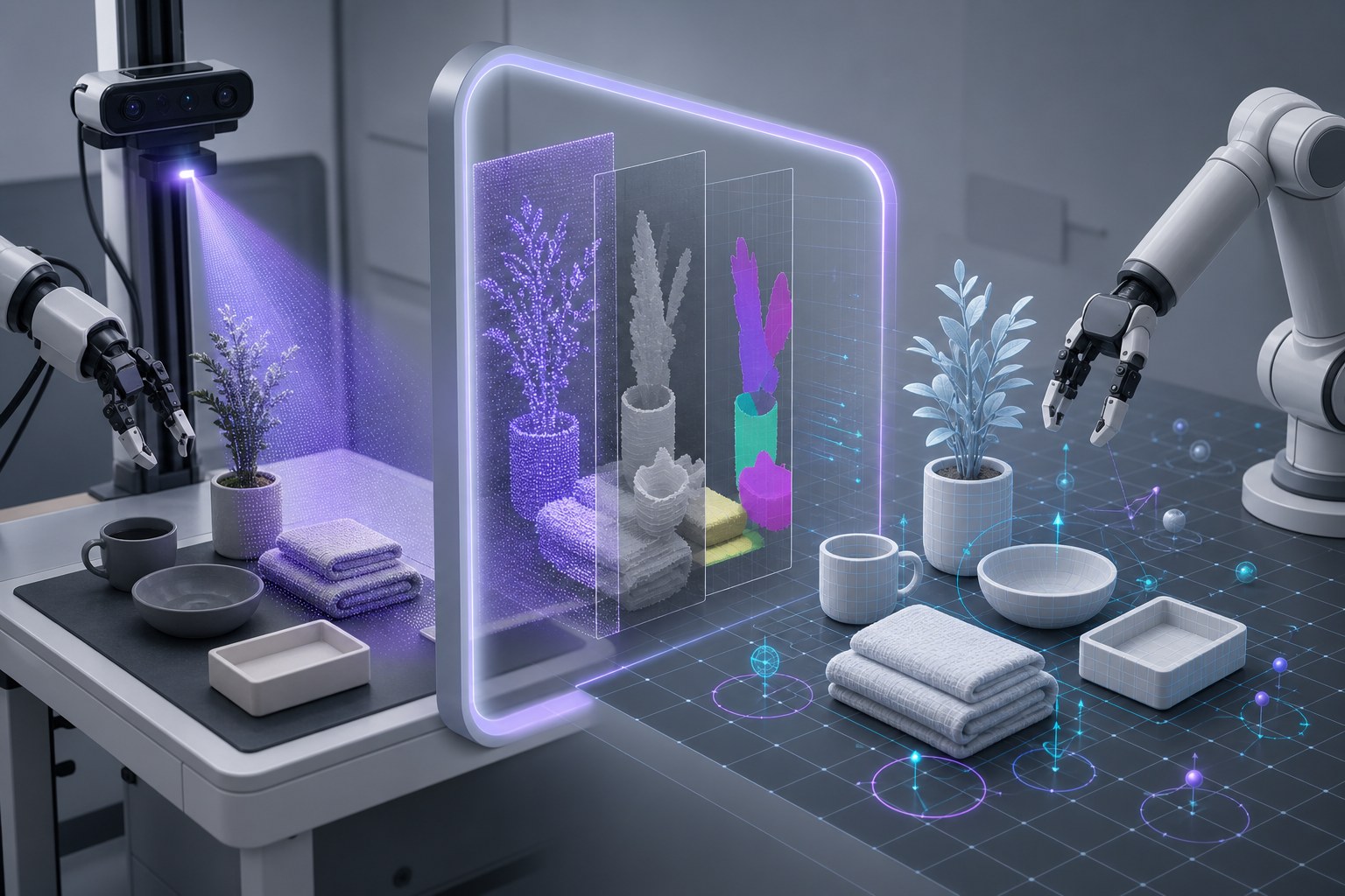 A tabletop scene being scanned and reconstructed as a structured robot simulation environment