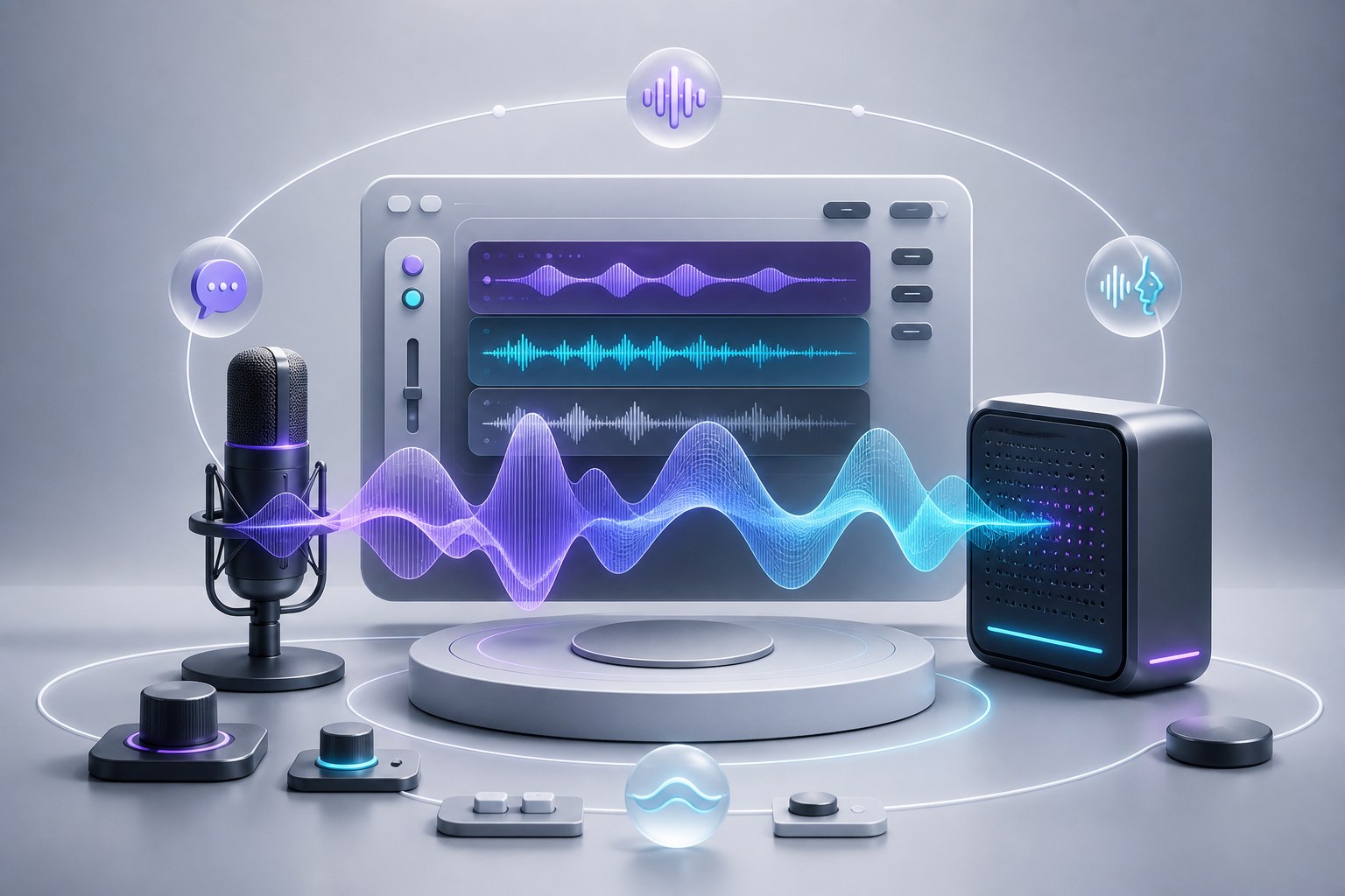 A local voice production workstation with a microphone, layered audio waveforms, and a compact local compute node